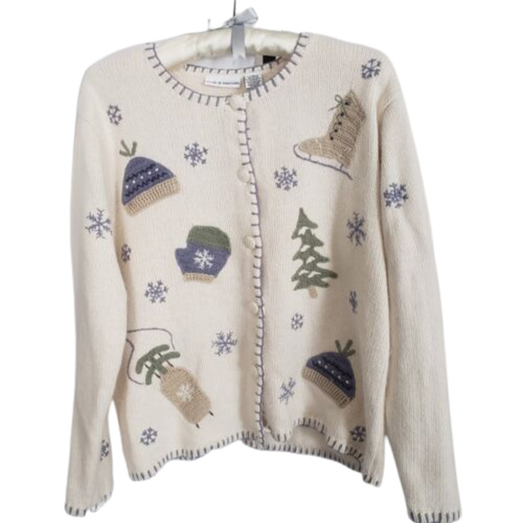 Croft & Barrow White Blue Cardigan Winter Theme Sweater Women's Size Large - Picture 1 of 6